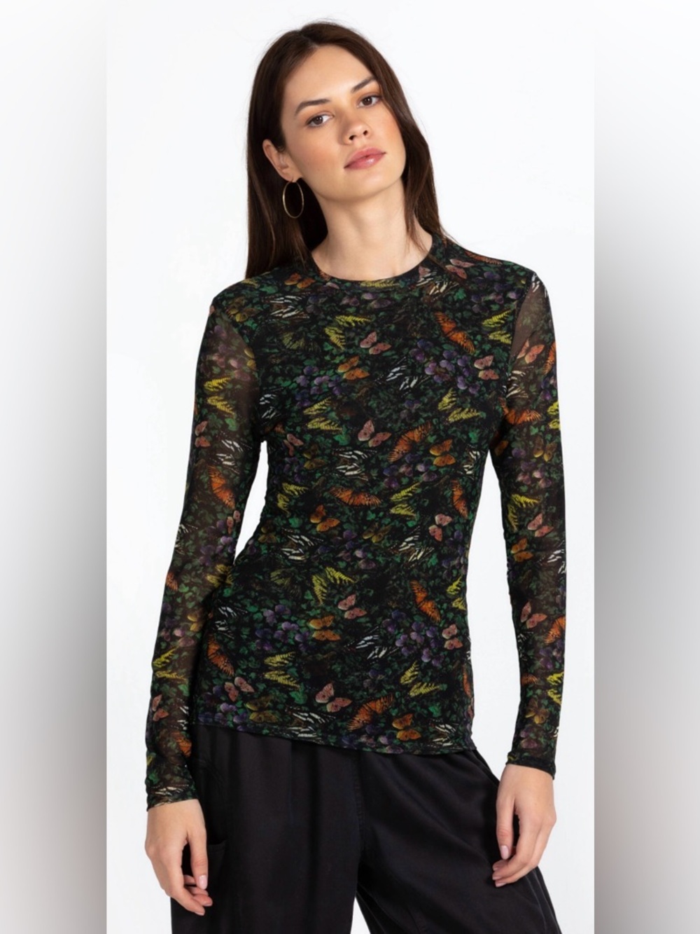 Johnny Was NWT Midnight MARIPOSA LONG SLEEVE MESH TOP Size XS